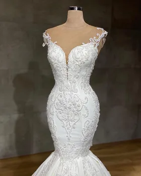 2020 Luxusné Morská Víla Svadobné Šaty Jewel Krku Krajky Appliqued Crystal Dlho Sweep Vlak Svadobné Svadobné Šaty Na Zákazku