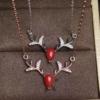 Prírodné červené koraly gem Elegantné Milý jeleň náhrdelník prírodný drahokam prívesok náhrdelník S925 silver girl party darček jemné šperky