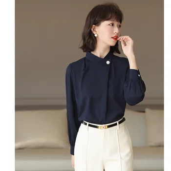 Šifón tričko dlhý rukáv 2021 nové dámske jarné oblečenie kórejský ol temperament golier top profesionálne šifón tričko