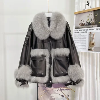 Skutočné Kožušiny Bunda s Prírodnými Fox Kožušiny Dámske Zimné Kabáty 2021 Nové Originálne Kožené Ovčie Kožušiny Kabát Ženy Streetwear Ženy