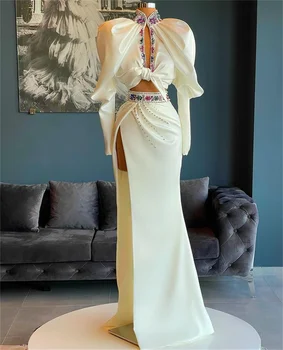 Vysoká Krku Biele Elegantné Šaty Crystal Dlhý Rukáv Večerné Šaty Lištovanie Vysoká Rozdeliť Party Šaty s Oknami Vestidos De Noche