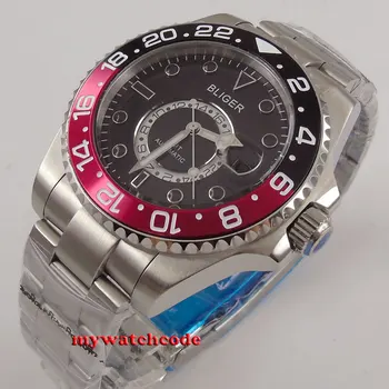 43mm Bliger black dial sapphire crystal dátum GMT muži Mechanické automatické hodinky