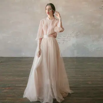 Vestidos de noiva Boho Svadobné Šaty Dlhé Rukávy Riadok Šampanské Tylu Princezná Nevesta Šaty Dva Kusy Svadobné Šaty 2020