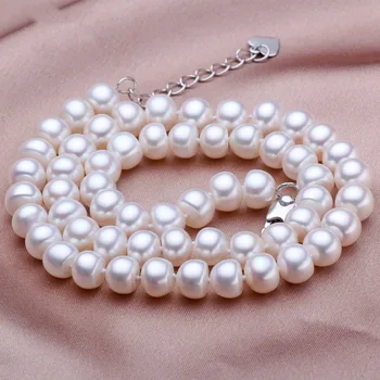 šľachtické ženy darček Šperky Strieborná Spona 9-10 MM Prírodné Perlový Náhrdelník šperky Reálne Bielych Sladkovodných Perál Náhrdelníky