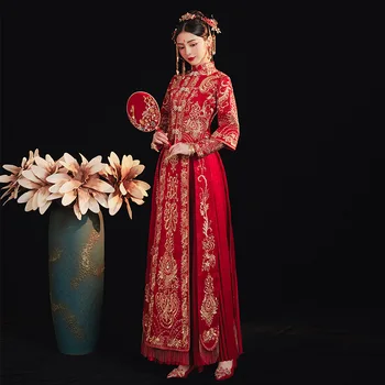 Výšivky Dragon Phoenix Dlho Cheongsam Ženy Banquet Čínskej Tradičnej Nevesta Šaty Svadobné Mandarin Golier китайская одежда
