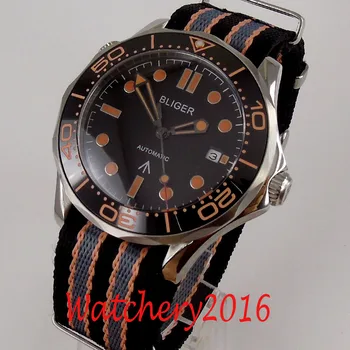 Nové 41mm Bliger Black dial Nylon Otáčanie Panelu Oceľových Prípade, Kalendár pohybu Automatické Mechanické pánske náramkové hodinky