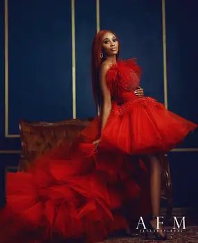 Červená Luxusné Elegantné Opuchnuté Prom Šaty Perie Lištovanie Tylu Hi Lo, Plesové Šaty, Ženy, Večerné Party Šaty Plus Veľkosť Zákazku
