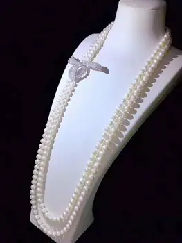 Ručne viazané prírodné 80-90 cm 2 pramene 8-9 bielych sladkovodných perál micro vložkou zirkón príslušenstvo spona náhrdelník módne šperky