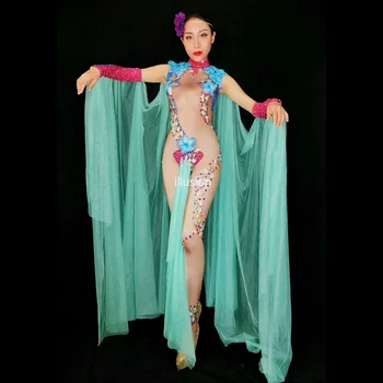 Veľké Kvety Kamienkami Úsek Nahé Jumpsuit Žien Sexy Čínsky Kostým Žena Spevák Tanečnej scény Nosenie Oka Oblečenie