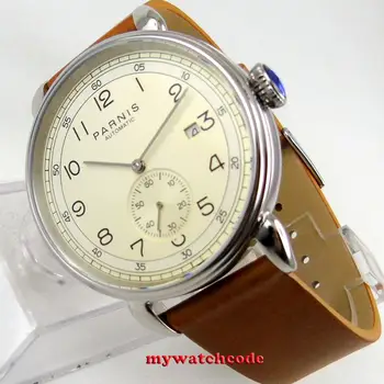 Nové dorazí leštené retro pánske hodinky 42mm Parnis béžová dial biela dila modrá dial mora-čajka Automatický Pohyb Pánske Hodinky P1273