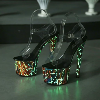Bar dámske Sandále Fluorescenčné Platformu Tenké Podpätky 8 Palcov Priehľadný Kryštál Zvršok Papuče Chôdza Zobraziť Striptérka Topánky