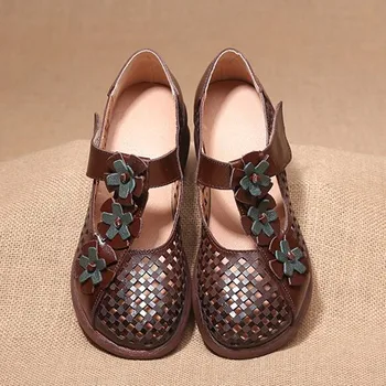 2021 Nové Kolo Prst Duté Lete Ženy Sandále Módne Topánky Letné Klasické Kvet Reálnom Kožené Sandále Pohodlie Kliny Sandále
