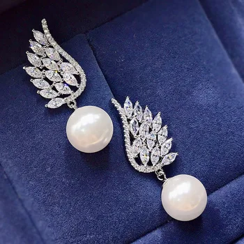 Uhol Krídel Pearl Diamond Visieť Náušnice Reálne 925 sterling silver Šperky, Svadobné Náušnice Kvapka pre Ženy Sľub Šperky