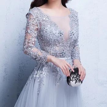 Elegantné A-Line Dlhé Večerné Šaty 2019 Korálkové Crystal Prom Šaty Ilúzie O-Krku Celý Rukáv Party Šaty Župan De Soiree
