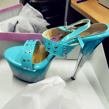 Čistá modrá zvádzanie nity zdobené sponou super vysoké podpätky, 15 cm podpätky sandále, stage show dámske tanečné topánky