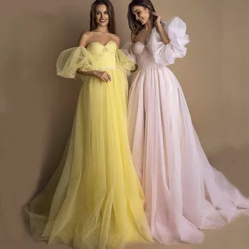 Žiarivo Žlté Prom Šaty 2020 Ružová Bodka Tylu A-line Dlho Party Šaty Formálne Druhom Rukávy Elegantné Šaty Vestido