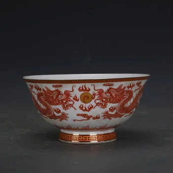 Qianlong famille rose red-glazované porcelánové misky s double dragon a perličiek vzor, Qing Dynastie