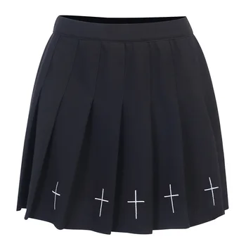 PRE Vysoký Pás Mini Black Sukne Gotický Streetwear Kríž Tlačiť Skladaný Ženy Sukne Bežné College Lolita Harajuku Sukne