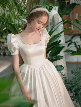 Ženy Biele Večerné Šaty Elegantné Obrúb Námestie Golier Lístkového Rukáv, Dlhé Spoločenské Šaty Vintage Satin A-Line Party Šaty
