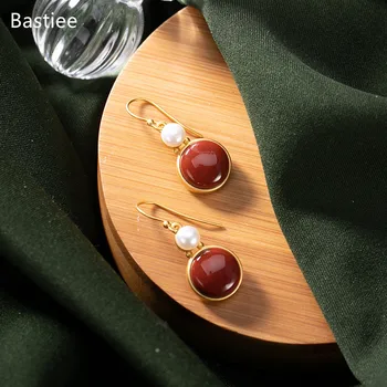 Bastiee Kórejský Náušnice Náušnice Striebro 925 Šperky Pre Ženy Červený Achát Golden Pearl Á Dlhé Náušnice Vintage