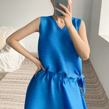 Japonsko Issey Miyake dizajnér žien skladaný šaty svetlo zrelý štýl letné nový pás veľká skladaná sukňa