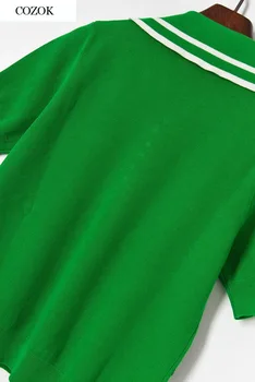Ženy Zelená Zrastov Top 2021 Leto Značky Dizajnér Vojenské Krátkym Rukávom Tenký Sveter Tričko Knitwear