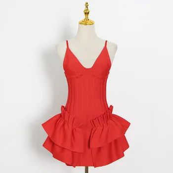 Balíku Red Club Beach Hlboké V-Krku Šatka Rozstrapatené Nepravidelný Mini Šaty Príliv Dizajn Značky 2021 Letné Módy Ženy Party Oblečenie