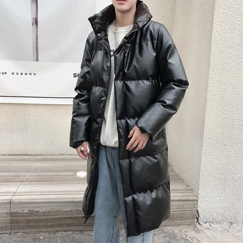 Nové pánske zimné outdoorové teplá bunda módne PU kožené sako stojan golier, dlhé husté čierny plášť