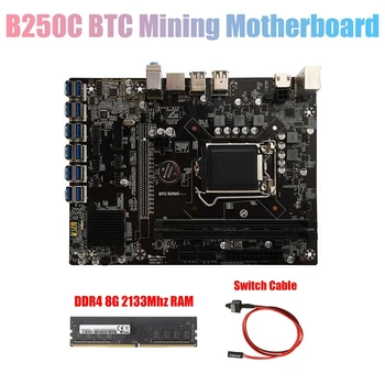 B250C BTC Ťažba Doske+Switch Kábel+DDR4 8G 2133Mhz RAM 12XPCIE na USB3.0 Slot GPU LGA1151 základnej Doske Počítača