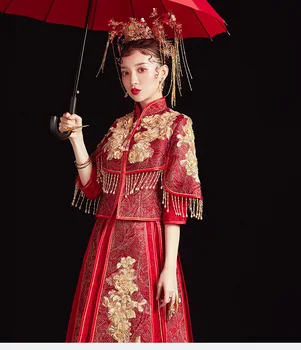 Tradičné Zlaté Výšivky Klasický Orientálny Štýl Svadobné Šaty Štýlové Oblečenie Cheongsam Čína Qipao китайская одежда