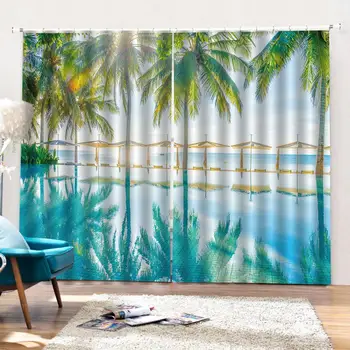 Blue beach záclony Vlastnú veľkosť Luxusné Zatmenie 3D Okne Závesy Pre Obývacia Izba Zatmenie opony
