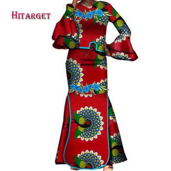 Africké Oblečenie pre Ženy, Svetlice Rukáv Top a Sukne Bazin Riche Kvetinový Tlač Vyšívanie Afriky Oblečenie 2 Ks Súpravy WY6882