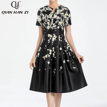 Qian Han Zi jarnú návrhárka jeseň šaty vintage Úžasné chryzantéma tlač Slim šaty žien nové 2021