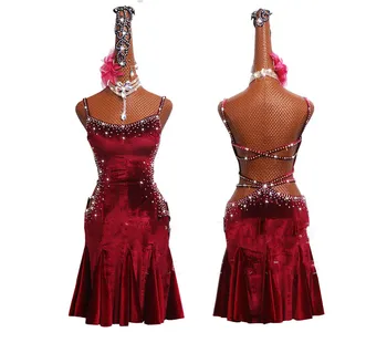 Nové Latinské Tanečné Šaty Žien Súťaže, Predvádzanie Oblečenia Latin Dance Sukne Zvislé Červené Víno Sexy Skladaný Tanečné Šaty