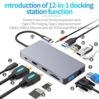 12 v 1 Typ C Prenosný počítač Dokovacej Stanice, USB 3.0, HDMI, VGA PD USB Hub pre Notebook