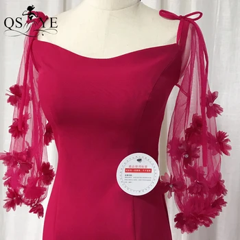 Červené Krátke Prom Šaty, Plášť Dlhé Rukávy Večerné Šaty Rameno Formálne Šaty 3D Kvety Party Šaty Skromné Celebrity Šaty