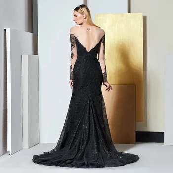 Dressv čierne elegantné dlhé rukávy čipky večerné šaty flitrami dĺžka podlahy svadobné party formálne šaty šaty večerné šaty