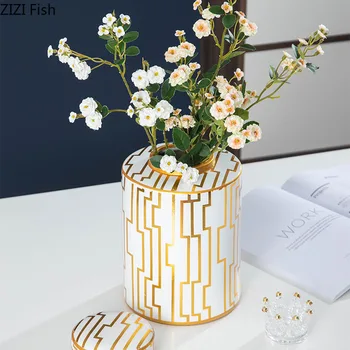 Tvorivé Keramické Vázy Skladovanie Jar Kvet Usporiadanie Dekorácie Zlaté Pruhy Candy Drobnosti Zapečatené Skladovanie Jar Domáce Dekorácie