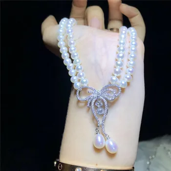 6-7mm biely chlieb sladkovodných kultivovaných pearl micro vložkou zirkón bowknot príslušenstvo prívesok sveter náhrdelník dlhú 45-48 cm