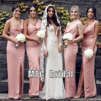 Prašnom Pink Elegantné Bridesmaid, Šaty Dlhé Rovné Afriky Maid Of Honor Svadobné Party Šaty S Štrbinou 2021 Bridesmaid, Šaty
