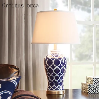 Americký štýl starožitné modrá stolná lampa obývacia izba, nočné lampy, ručne maľované tvorivé keramická stolná lampa doprava zadarmo