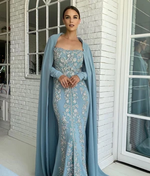 Sky Blue (Nebeská Modrá Marocký Kaftane Večerné Šaty Dĺžka Podlahy Celebrity Šaty S Nášivka Letné Šaty Dubaj Dlhé Rukávy Prom Šaty