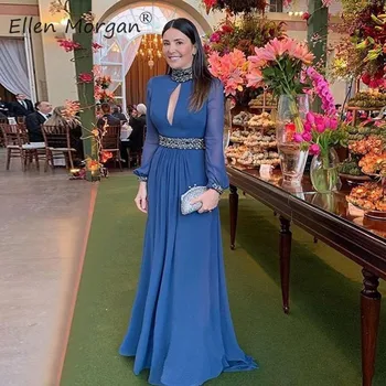 Arabský Dlhé Rukávy Vysoká Krku Večerné Šaty 2020 Koncert Udalosti Belques Korálkové Šifón Vintage Formálne Šaty Pre Ženy Nosia