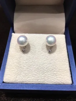 8.5 MM prírodnej morskej vody pearl stud náušnice 18K bieleho zlata s diamantom klasické jemné ženy šperky
