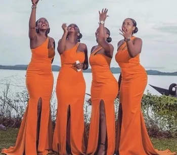 Plus Veľkosť Orange Dlho Bridesmaid, Šaty Morskej Panny 2022 Jedno Rameno S Rozdeliť Africkej Ženy, Svadobné Party Šaty Vestidos