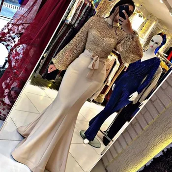 Elegantné Arabčina Šampanské Večerné Šaty 2022 Dlhý Rukáv Morská Víla Prom Šaty Plus Veľkosť Vysoká Krku Oficiálnych Moslimských Party Šaty Ženy