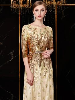 J1682 jancember ženy dlhé večerné šaty elegantné línie a o tvaru polovičný rukáv sequin multicolor lištovanie tylu šaty فساتين سهره