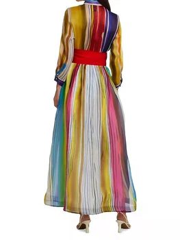 GALCAUR Prekladané Colorblock Šaty Pre Ženy Klope Voľné Dlhý Rukáv Vysoký Pás Bowknot Bežné Midi Šaty Žena Jarné Oblečenie
