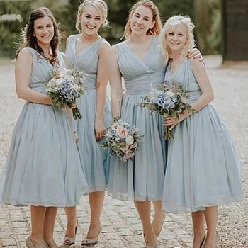 Sexy Výstrih, Krátke Bridesmaid, Šaty Linky Ice Blue Šifón Prehrabať Maid Of Honor Šaty Na Zákazku Ženy Party Šaty 2020