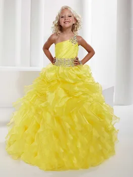 Jeden Ramenný Žltá Sprievod Šaty pre Deti Volánikmi Viazané Crystal Organza Formálne Kvet Dievčatá Šaty Party Šaty